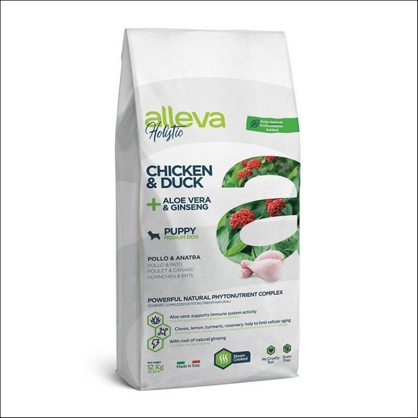 Croquettes Sans Céréales Au Poulet & Au Canard + Aloe Véra & Ginseng Pour Chiot Medium - Alleva Holistic
