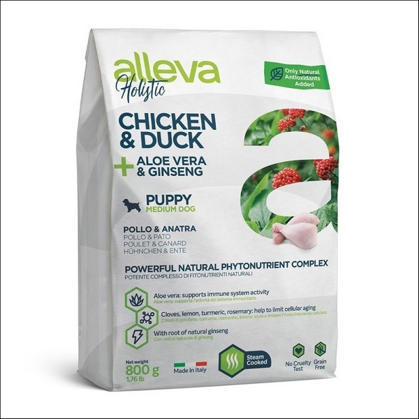 Croquettes Sans Céréales Au Poulet & Au Canard + Aloe Véra & Ginseng Pour Chiot Medium - Alleva Holistic