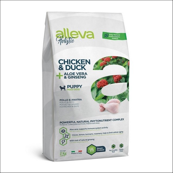 Croquettes Sans Céréales Au Poulet & Au Canard + Aloe Véra & Ginseng Pour Chiot Maxi - Alleva Holistic