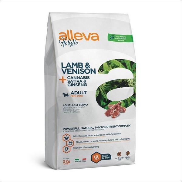 Croquettes Sans Céréales A l'Agneau &  Au Cerf + Cannabis Sativa & Ginseng Pour Chien Adulte Mini - Alleva Holistic