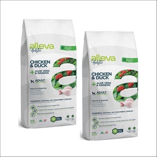 Croquettes Sans Céréales Au Poulet & Au Canard + Aloe Véra & Ginseng Pour Chien Adulte Medium - Alleva Holistic