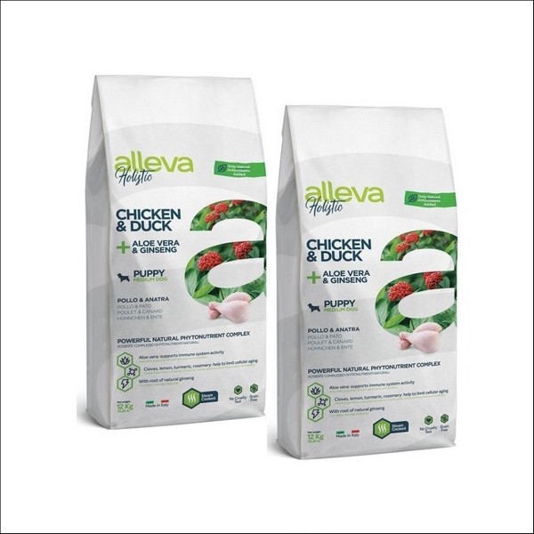 Croquettes Sans Céréales Au Poulet & Au Canard + Aloe Véra & Ginseng Pour Chiot Medium - Alleva Holistic