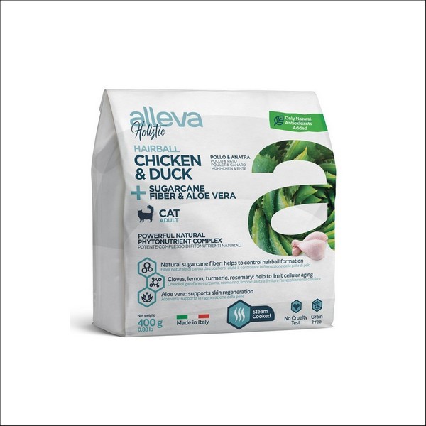 Croquette Sans Céréales Poulet & Canard, Fibre de Canne à Sucre & Aloe Vera Pour Chat Hairball - Alleva Holistic